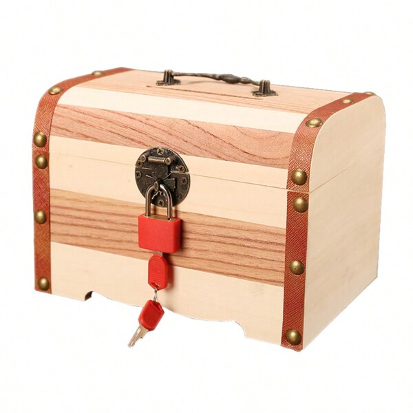 Scrigno del tesoro vintage in legno con serratura, contenitore per salvadanaio, contenitore per hobby, decorazione rustica, scatola per monete vintage in legno per bambini e adulti
