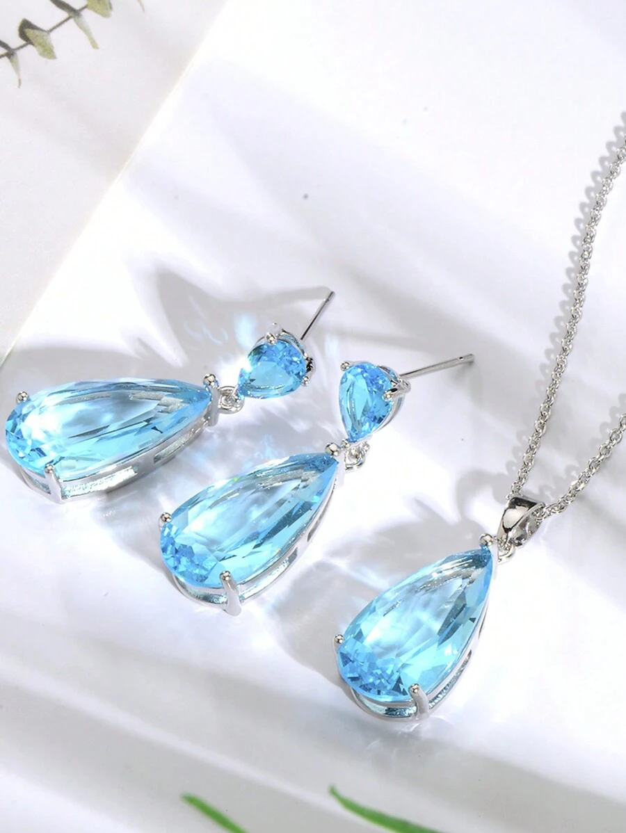 3pcs Women's Multi-Color Crystal Zirconia Jewelry Set - Gold/White Plated Multi-Color Teardrop Cubic Zirconia Crystal Earrings And Pendant Necklace Set, Suitable For Mothers' Weddings, PROM Parties, Birth Stone Fashion - 淺藍色 - 查看 1