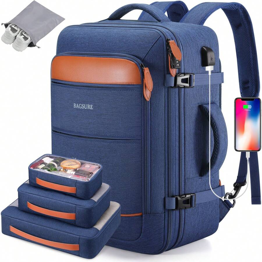 UKEIN Bagsure Travel Backpack, 42L Carry On Luggage, Flight Approved Expandable Backpack, Laptop Backpack, Hidden Shoulder Straps Weekender Bags For Women Men, Suitcase With Packing Cubes And Shoe Pocket - Màu xanh lam - Xem 1