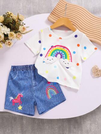 2pcs/Set Baby Girl Cute Cloud Print T-Shirt & Shorts Casual Outfit, Spring/Summer