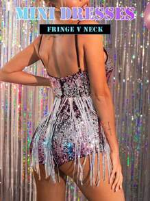 Pink And Silver Sequin Fringe Romper - Glamorous Deep V-Neck Party Jumpsuit With Sparkling Tassels - Silver Pink - View 4
