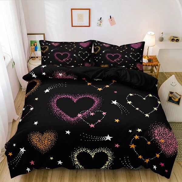 Conjunto de capa de edredom com estampa de coração colorido 3D, 2/3 peças, série preta, conjunto de cama, decoração aconchegante para quarto (tamanho 135 x 200, apenas 1 fronha)