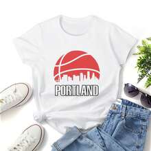 Basketball Portland City Skyline, Women T-Shirt, Nice Gift, Short Sleeve Round Neck Woman Tee, Fashion And Casual, Perfect For Outdoor Activities And Daily Life - White - View 1