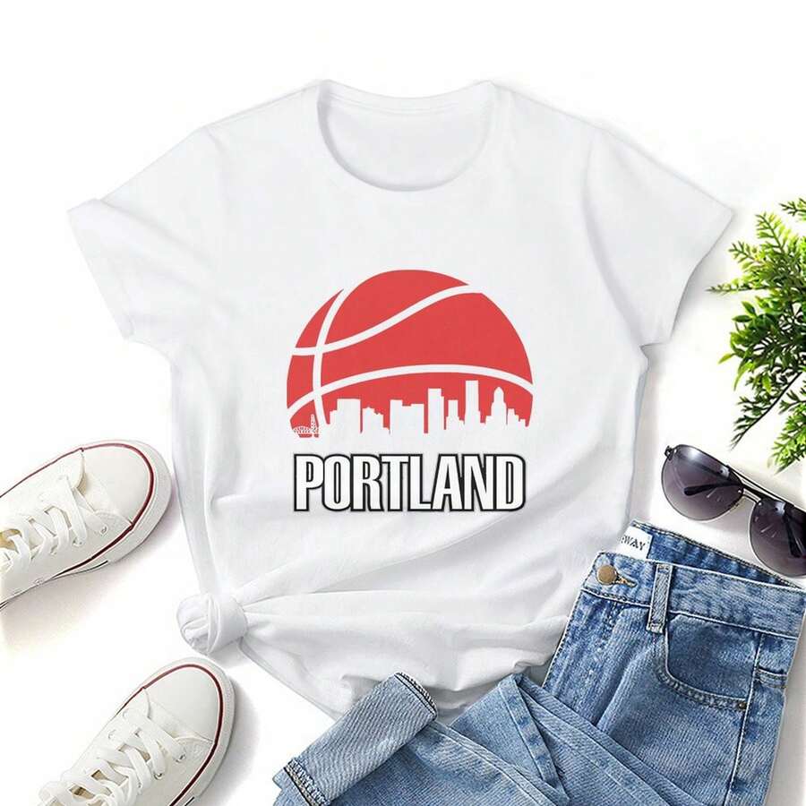 Basketball Portland City Skyline, Women T-Shirt, Nice Gift, Short Sleeve Round Neck Woman Tee, Fashion And Casual, Perfect For Outdoor Activities And Daily Life - White - View 1