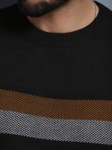 Men's Knitted Sweater Coat Sweater Cold Weather Round Neck Long Sleeve Wool Blouse - 黑色 - 查看 3