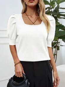 Women's Puff Short Sleeve Sweater Tops 2024 Spring Summer Casual T Shirts Blouses - trắng - Xem 2