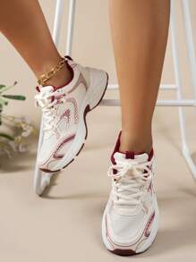 时尚软皮厚底高帮厚底运动鞋，女士透气网眼跑步运动休闲鞋，2024 年春夏新品 - 紅色 - 查看 2