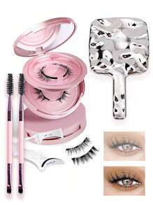 Juego de pestañas magnéticas sin pegamento, reutilizable, 2 pares de rímel magnético reutilizable con manchas, rímel magnético con apariencia natural sin pegamento, fácil de usar y desmontar, y sin necesidad - 1 espejo de mano + 2 brochas de maquillaje de doble extremo + 1 rizador de pestañas magnético