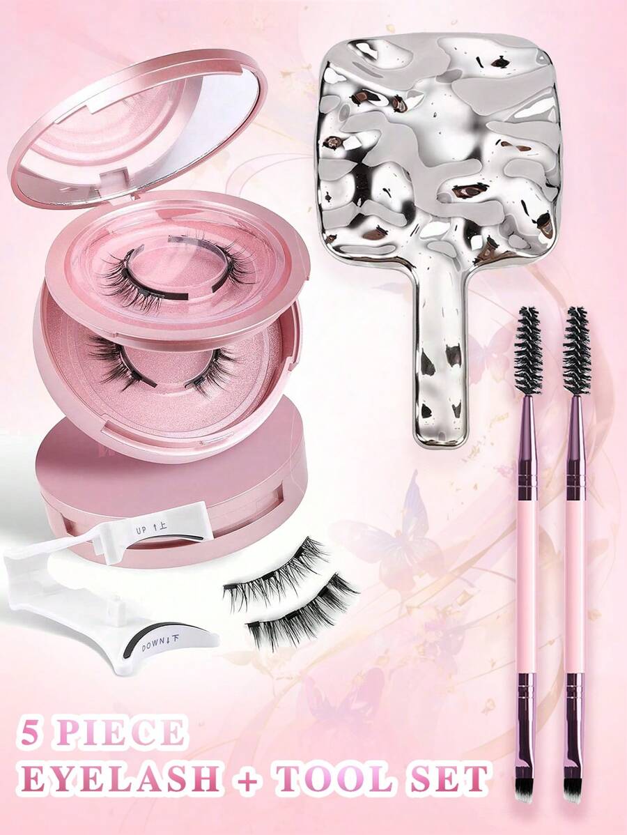 Juego de pestañas magnéticas sin pegamento, reutilizable, 2 pares de rímel magnético reutilizable con manchas, rímel magnético con apariencia natural sin pegamento, fácil de usar y desmontar, y sin necesidad - 1 espejo de mano + 2 brochas de maquillaje de doble extremo + 1 rizador de pestañas magnético