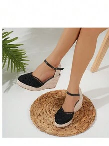4 花朵装饰亚麻绳厚底坡跟凉鞋，时尚轻便