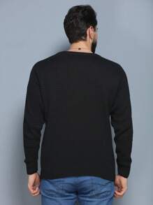Men's Knitted Sweater Coat Sweater Cold Weather Round Neck Long Sleeve Wool Blouse - Black - View 2