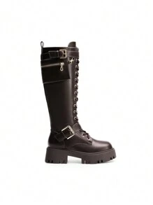 Women's Combat Riding Platform Knee High Boots, Lace Up Fall Lug Sole Gothic Motorcycle Boots With Inside Zipper - màu nâu - Xem 7