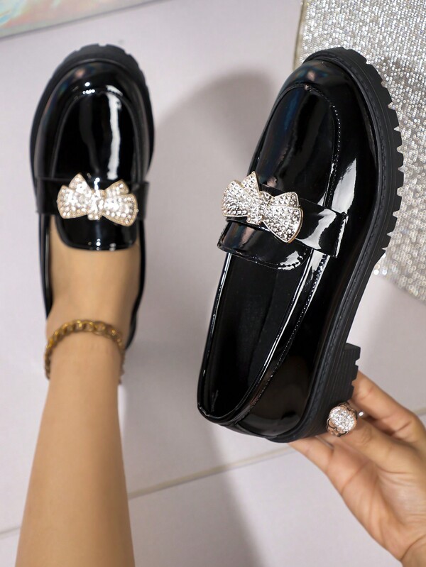 Women's Fashion Loafers, Glossy Oxford Style Leather Shoes, Black British Style Work Shoes With Thick Heels, Colorful Bow Decor