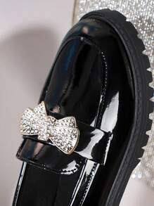 女士时尚乐福鞋，亮面牛津风格皮鞋，黑色英式粗跟工作鞋，彩色蝴蝶结装饰 - 黑色 - 查看 7