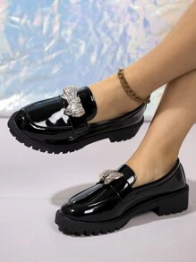 女士时尚乐福鞋，亮面牛津风格皮鞋，黑色英式粗跟工作鞋，彩色蝴蝶结装饰 - 黑色 - 查看 3
