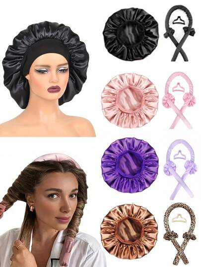 Set de 5 piezas que incluye rizador de cabello sin calor y gorro de satén para dormir, diadema rizada sin calor, pinza para el cabello, anillos para el cabello, gorro suave para dormir con diadema, pinza, scrunchies y gorro para todo tipo de cabello, perfecto para cabello largo y corto de mujeres con cabello naturalmente rizado