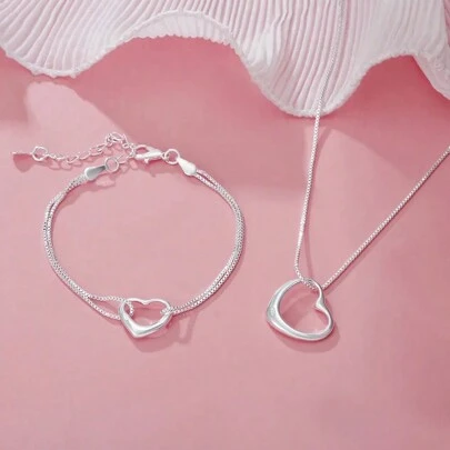 Juego de 2 piezas de pulsera y collar de plata de ley 925 con corazón, elegante y de moda, regalo de acción de gracias para mujeres, joyería para boda, compromiso, fiesta y todo el año