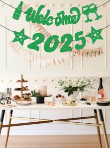 欢迎 2025 标志新年派对横幅，闪光香槟星装饰庆祝 2025 年新年悬挂花环彩旗装饰，新年派对背景用品 - 彩色 - 查看 5