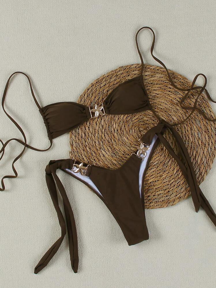 新款女士性感休闲卡其色抹胸系带比基尼套装，适合海滩、度假、派对、约会 - 卡其色 - 查看 2
