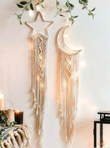 Set de 2 atrapasueños tejidos a mano con estrellas y luna, decoración de pared bohemia, arte de pared, decoración colgante adecuada para el hogar, la boda, la sala de estar, el dormitorio y regalos festivos (sin luz), decoración del hogar, decoración de la habitación, decoración de pared