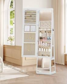 HaluPeit Jewelry Cabinets, Standing Jewelry Organizer With 360° Rotating Base, Lockable Full-Length Mirror, Large 4-Tier Storage Compartments, 4-In-1 Multifunctional - Beige - View 3
