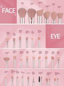 MAANGE 30Pcs Professional Makeup Brush With Velvet Bag, Blush Brush, Foundation Brush, Eyeshadow Brush, Blending Brush, Highlighting Brush, Eyeliner Brush, Eyebrow Brushes,Makeup Tool With Soft Fiber For Easy Carrying,Brush For Travel,Gifts For Women&Girls - 粉色 - 查看 3