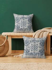 1 Stück Kissenbezug im Boho-Stil, dekoratives Kissenüberzug mit Muster, blauer Teppich Leinen Landhaus Sofa Couch Outdoor Kissenbezug, 45x45cm (ohne Kissenfüllung)