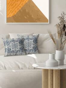 1 Stück Kissenbezug im Boho-Stil, dekoratives Kissenüberzug mit Muster, blauer Teppich Leinen Landhaus Sofa Couch Outdoor Kissenbezug, 45x45cm (ohne Kissenfüllung)