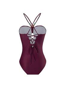 Retro One-Piece Swimsuit With Chiffon Cover-Up Skirt Two-Piece Set, For Summer Beach Vacation - Lilac Purple - View 4