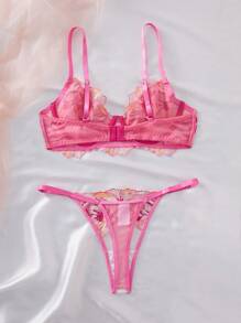 Style Dream 2pcs Rose Red Floral Embroidered Mesh Lace Supportive Lingerie Bra & Panty Set, Romantic For Valentine's Day & Honeymoon, Spring/Summer Ultrathin Bra - Hot Pink - View 4