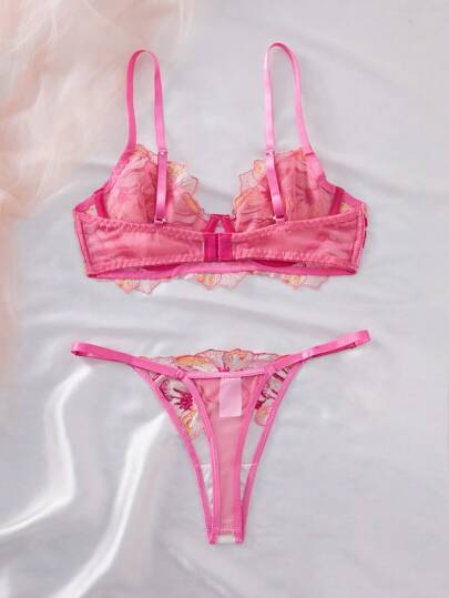 Rose Rood Bloemen Geborduurde Mesh Kanten Supportive Lingerie BH Slipje Set, Romantic Ultrathin view 4