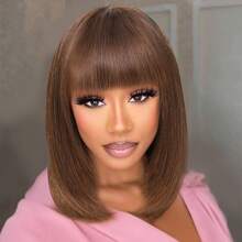 Krótkie Boby z ludzkich włosów z grzywką 14 cali Peruki bez koronki z przodu Dziewicze brazylijskie proste włosy bez kleju Peruka Bob wykonana maszynowo Włosy ludzkie dla kobiet Kolor naturalny