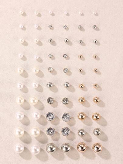 30 Pairs Assorted Girls Pearl & Rhinestone Stud Earrings Set