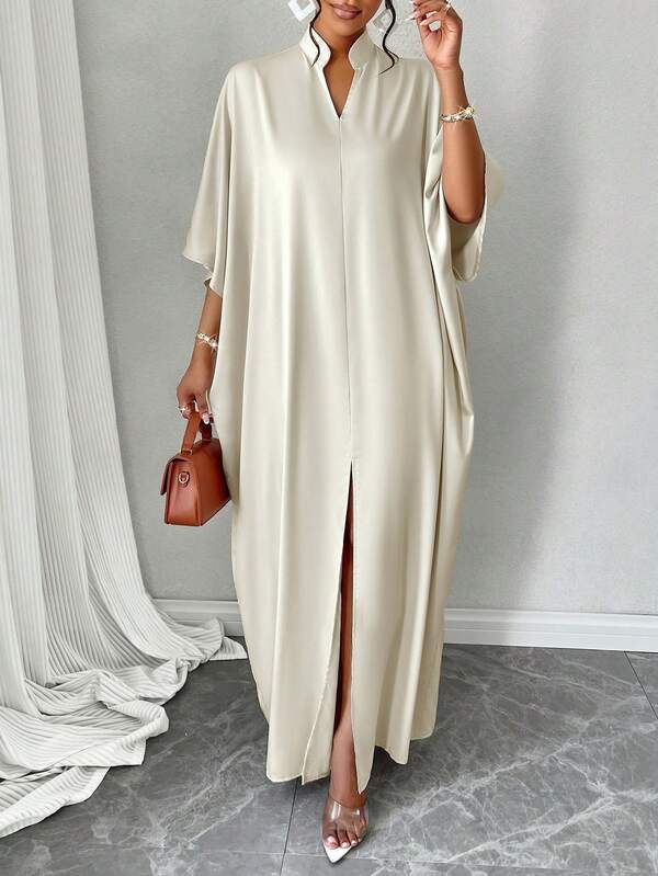 Women's Apricot Color V Neck Batwing Sleeve Split Thigh Modest Long Sleeve Dress,Fall And Winter Dress, Simple Daily, For Casual,Shopping, Going Out,Easy To Match