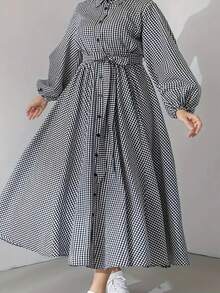 Women's Plaid Lantern Sleeve Single-Breasted Blouse & Arabic Style Dress,Modest - Multicolor - View 2