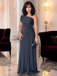 Long Women's Party And Event Dress Elegant Bridesmaids And Guests Fluity Knit With Lined Cup One Shoulder Unilateral Zero Sleeve Detail At The Waist Fluid Draped Shoulder One Size Fits 36 To 42 - 黑色 - 查看 3