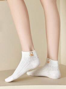 5 đôi vớ mắt cá chân thêu gấu - trắng - Xem 3