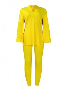 Women's Plus Size Tracksuits Outfits Solid Color V-Neck Long Sleeve Slit Hem Tops With Leggings 2 Pcs Set - Yellow - View 5