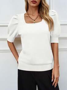 Women's Puff Short Sleeve Sweater Tops 2024 Spring Summer Casual T Shirts Blouses - trắng - Xem 1