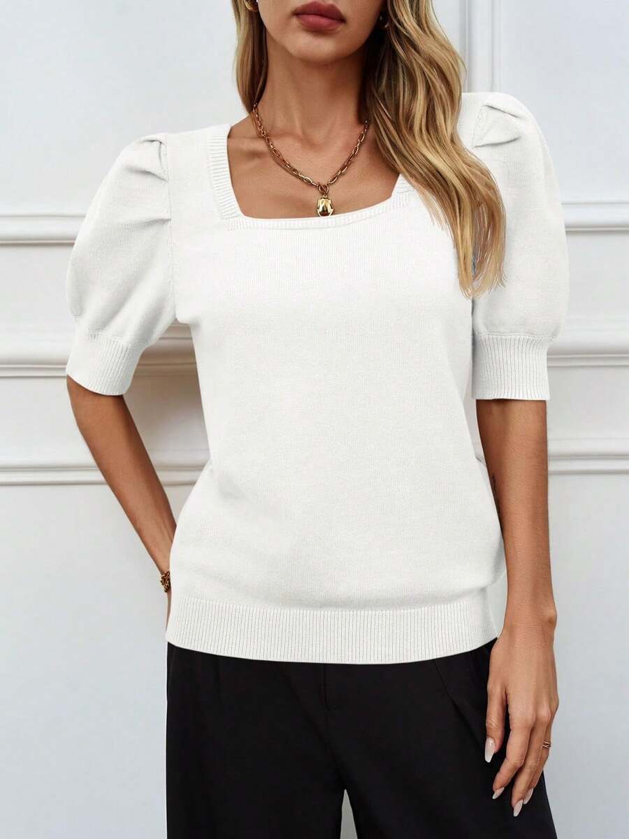 Women's Puff Short Sleeve Sweater Tops 2024 Spring Summer Casual T Shirts Blouses - trắng - Xem 1