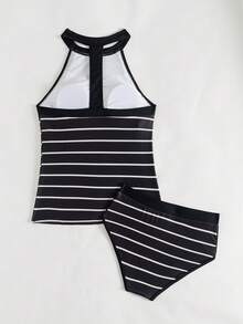 Women's Sexy Halter Neck Backless Stripe Slimming Tankini Set, For Summer Beach Vacation - Black and White - View 4