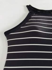 Women's Sexy Halter Neck Backless Stripe Slimming Tankini Set, For Summer Beach Vacation - Black and White - View 5
