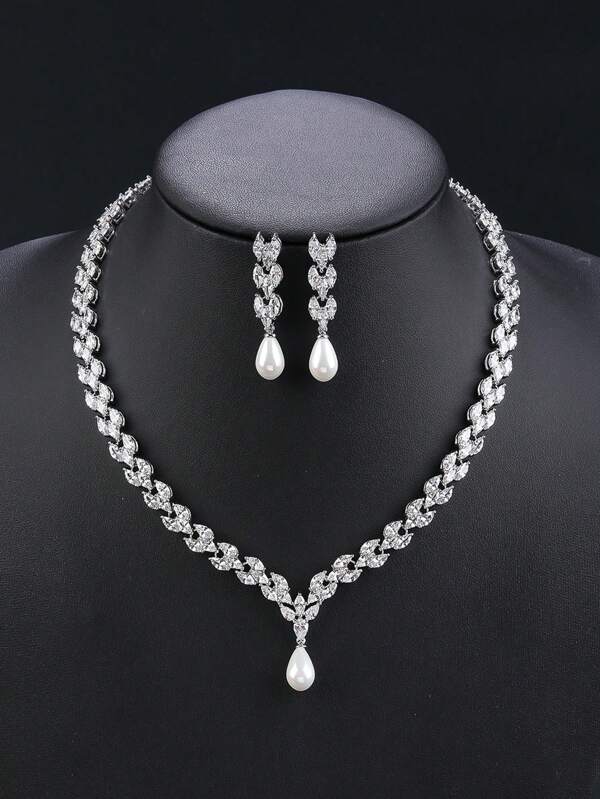 3pcs/Set Luxury Cubic Zirconia Necklace And Earrings Jewelry Set, Faux Pearl Bridal Party Necklace Matching Wedding Dress, Valentine's Gift
