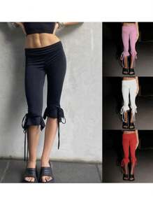 Women Capri Pants Solid Color Elastic Waist Tie-Up Summer Casual Cropped Pants Stretch Crop Leggings - White - View 4
