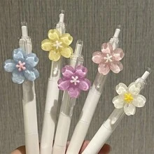 5pcs/Set Floral Decor Quick Drying Gel Retractable Ball Point Pens, 0.5mm Medium Tip, Plastic, Suitable For Students, Office, School & Home Use