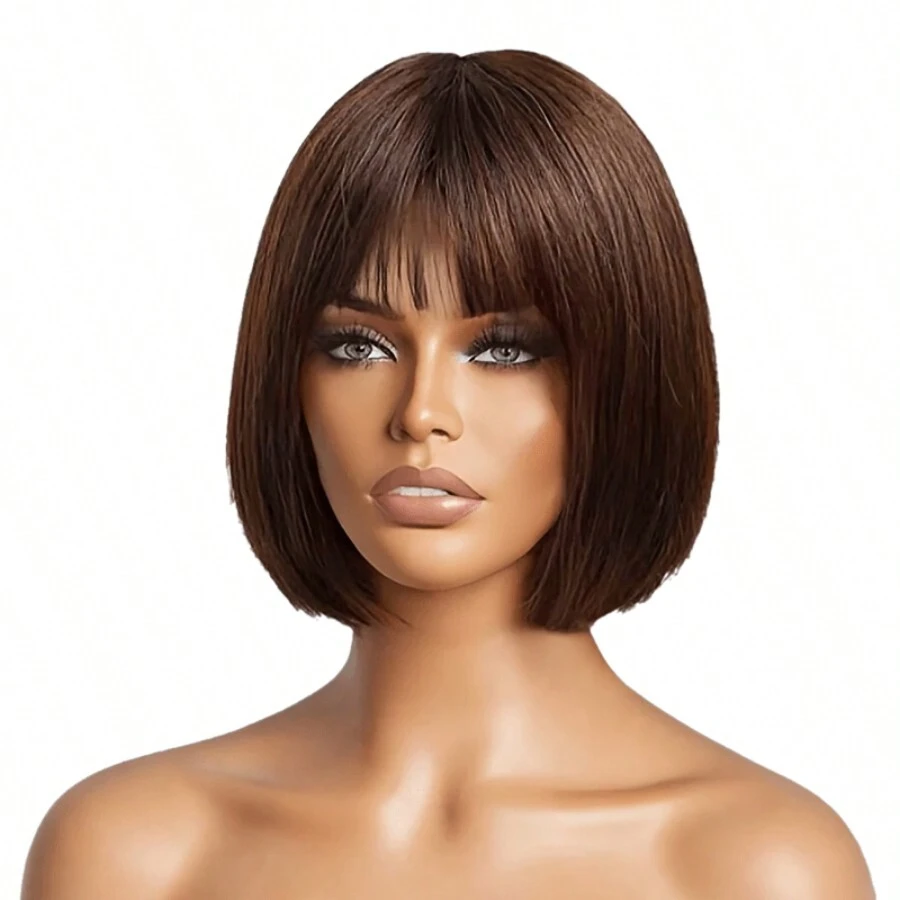 Krótkie Boby z ludzkich włosów z grzywką 14 cali Peruki bez koronki z przodu Dziewicze brazylijskie proste włosy bez kleju Peruka Bob wykonana maszynowo Włosy ludzkie dla kobiet Kolor naturalny