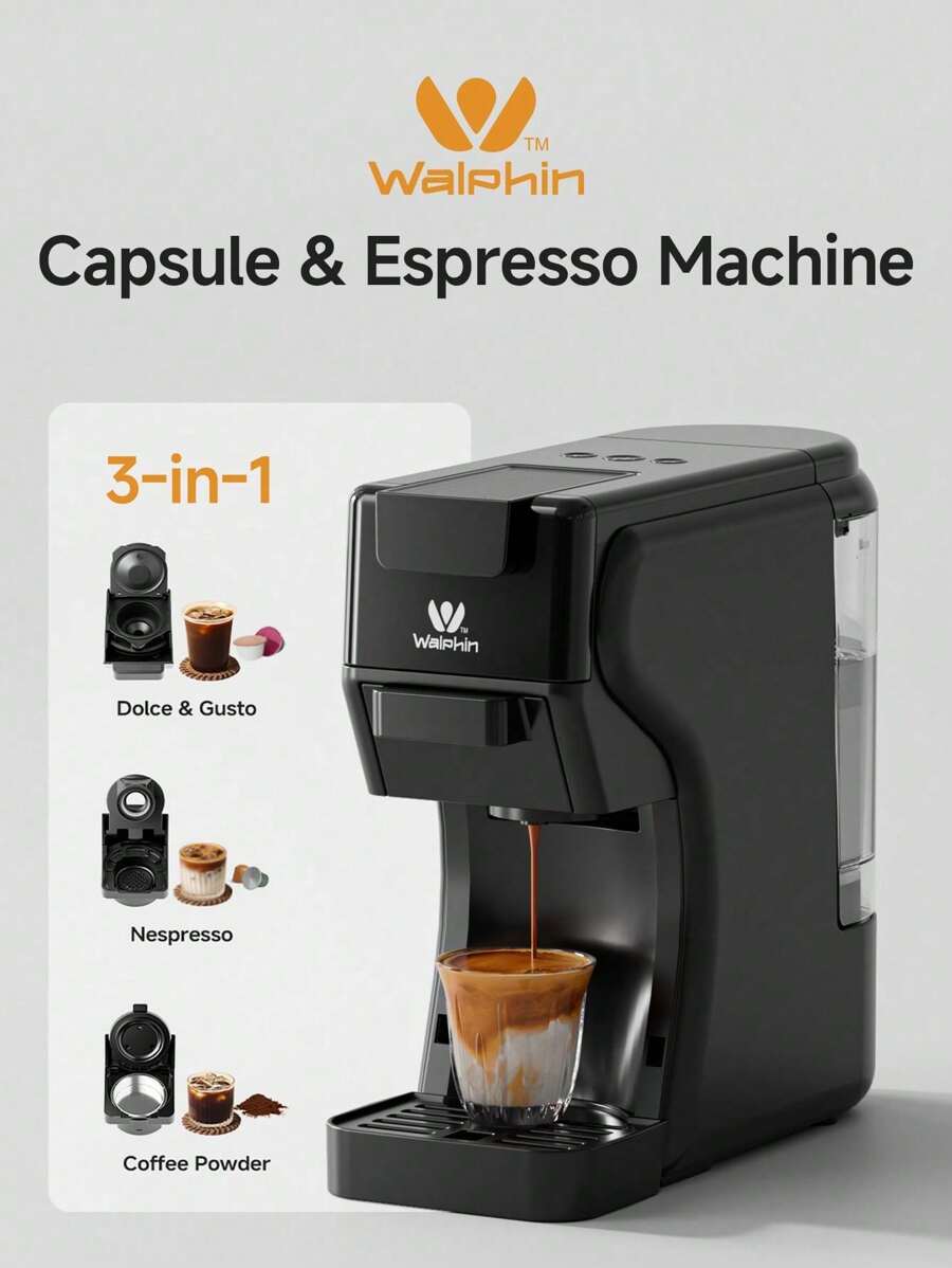 Walphin 3-In-1 19 Bar Capsule Espresso Machine, Hot & Cold Single Serve Coffee Maker For Cappuccino And Latte, Compatible With Ground Coffee - EU E Type Plug(220-240V) - View 1
