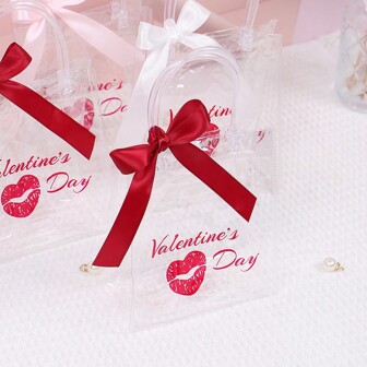 5Pcs Party Gift Bag With Handle Ribbons Reusable Transparent PVC Shopping Bag Valentine's Day Wedding Candy Gift Bag Delivery Packaging Handbag