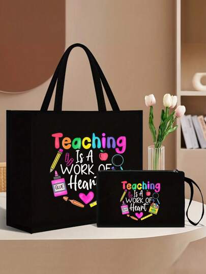 1 件/2 件教师字母印花手提包和化妆包套装，最佳教师手提包化妆包，教师礼品手提包，教师礼物，个性化礼品袋，带化妆包的字母印花手提包，适合婚礼、生日、海滩、节日、书包，是送给女性、妈妈、老师、朋友、伴娘、学生的绝佳礼物