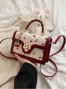 Burgundy Red,Anchor Red,Bordeaux Red,Ruby Red,Maroon,Crimson,Cherry Color Burgundy Fashionable High-End Ladies Square-Shaped PU Handbag, Multifunctional Cute Cherry Printed Shoulder Bag, Suitable For Shopping, Dating, Crossbody Bag For Girls, Kawaii Cherry Elements - Multicolor - View 13
